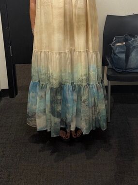 Halter Maxi Dress in Light Yellow with Ombre Blue Tiered Hem